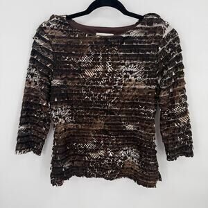 Coldwater Creek Textured Crinkle Blouse XS Brown Abstract 3/4 Sleeve Made USA